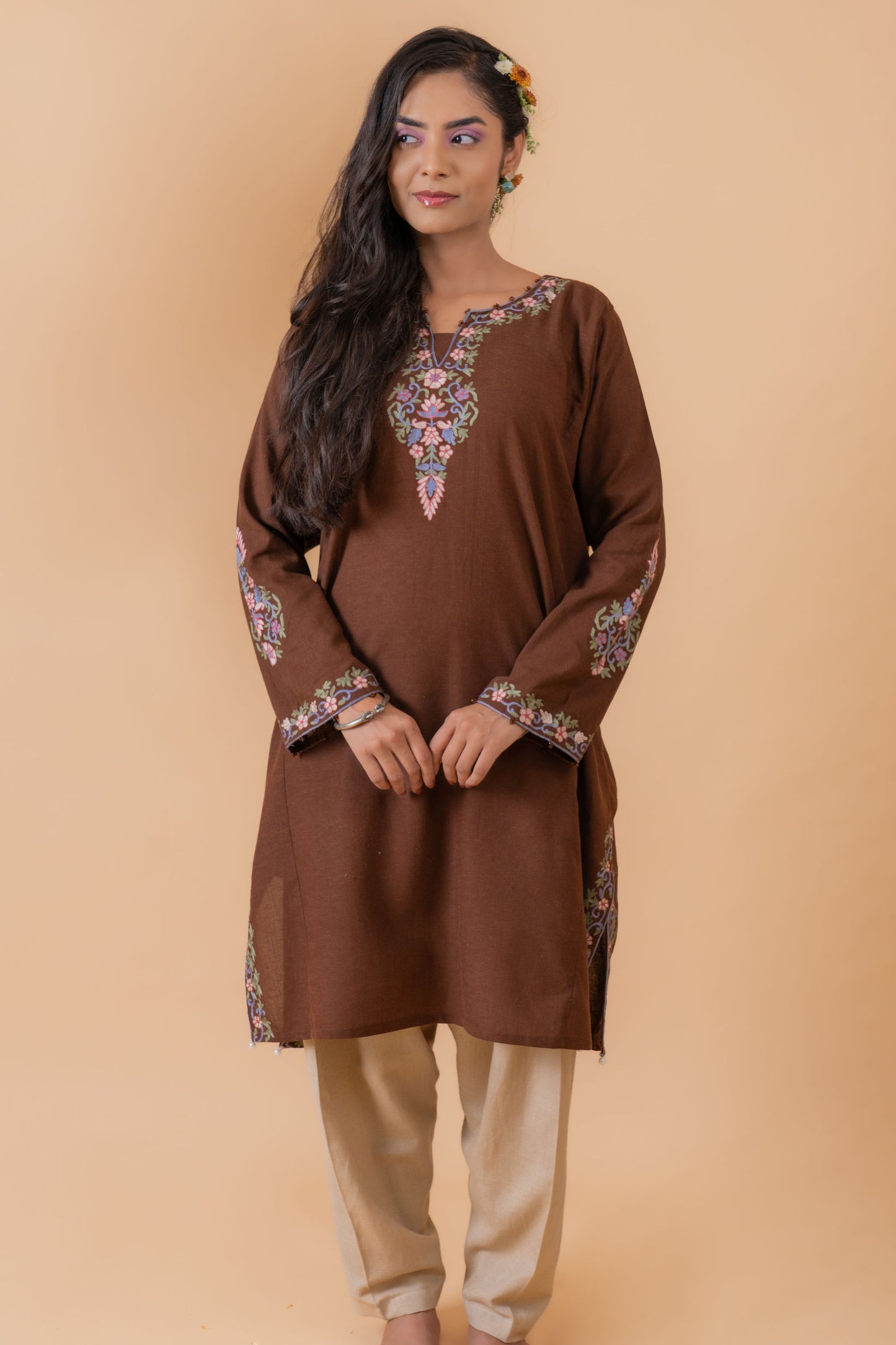 Velvet Earth - Brown & Beige Pheran Set