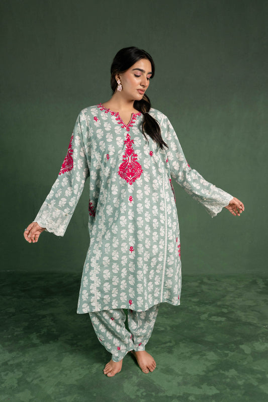 Delphinium - Turquoise Green Pheran Set