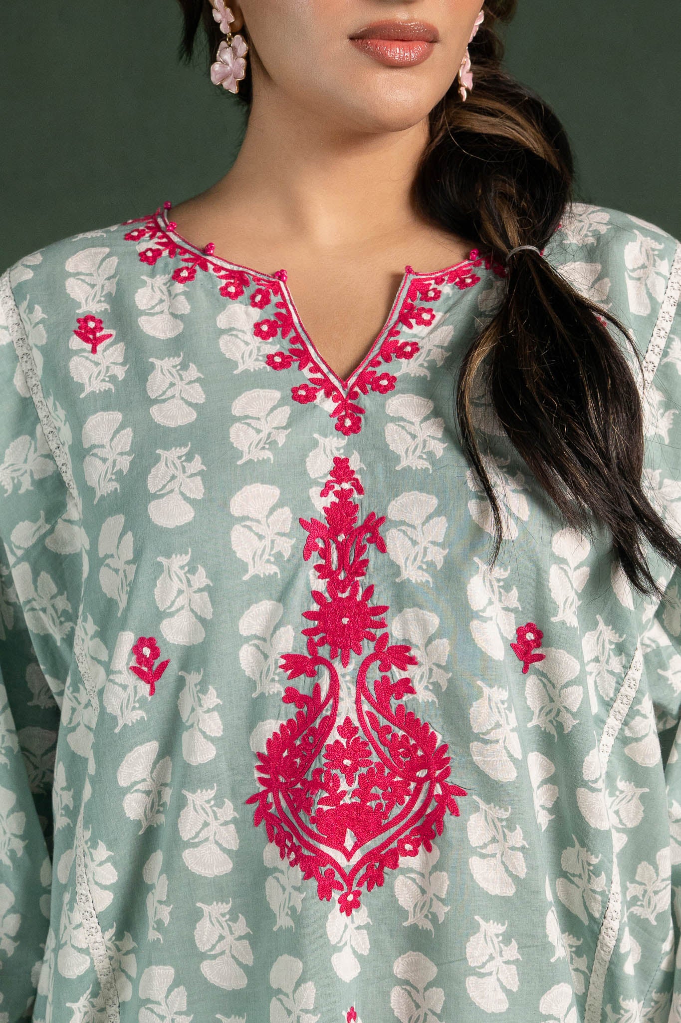 Delphinium - Turquoise Green Pheran Set